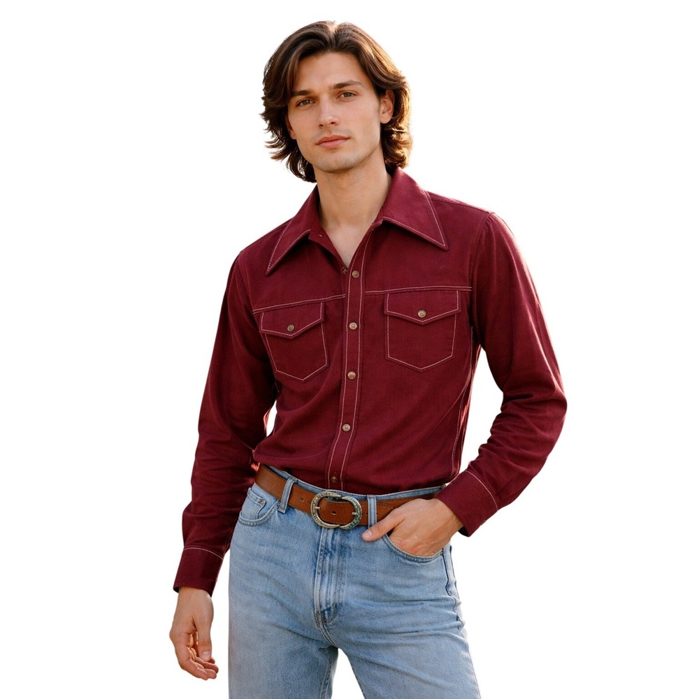 SWEET 70s Western Button up Pointed Collar Shirt Burgundy Contrast Stitch M‎